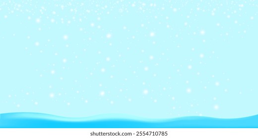 Realistic cartoon snow hills with falling snowflakes and blue sky background. Winter wide landscape design element with blue snow. Minimal nature composition with snowy fields and falling snow