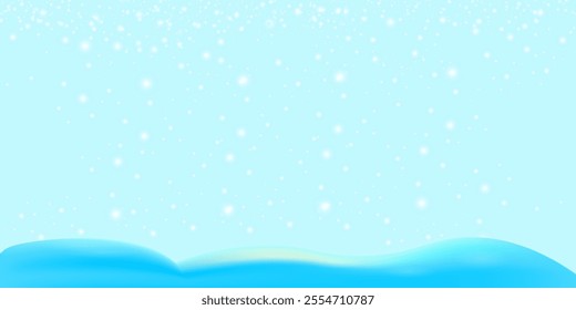 Realistic cartoon snow hills with falling snowflakes and blue sky background. Winter wide landscape design element with blue snow. Minimal nature composition with snowy fields and falling snow