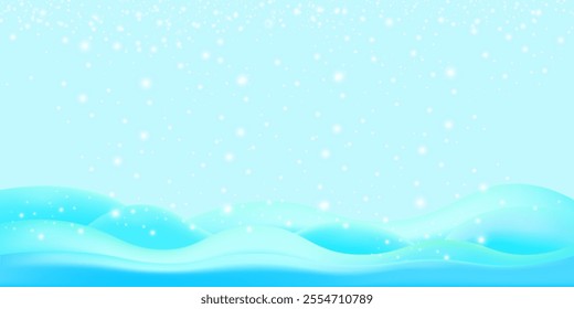 Realistic cartoon snow hills with falling snowflakes and blue sky background. Winter wide landscape design element with blue snow. Minimal nature composition with snowy fields and falling snow