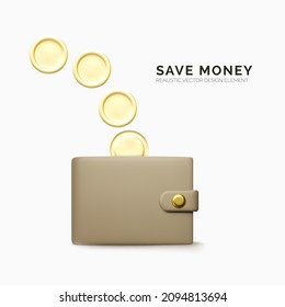 Realistic cartoon style wallet and gold coin. Cashback or quick loan concept design element. Vector illustration