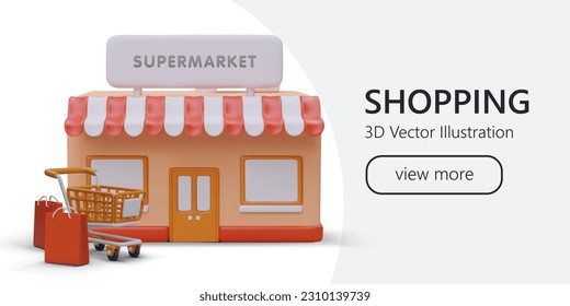 Realistic cartoon supermarket with orange cart and shopping bags. Advertising poster for online store. Web page with button. Flat vector illustration in red and orange colors