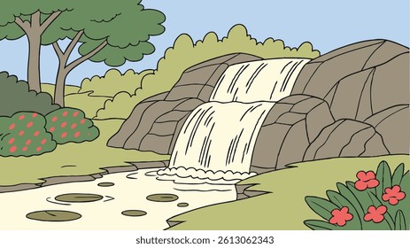 Realistic Cartoon Waterfall Illustration with Vibrant Colors and Stylized Edges
