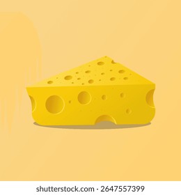 Realistic cartoon-style cheese slice with smooth edges and detailed holes on a soft yellow background. Perfect for food icons, kids illustrations, or snack-related graphics
