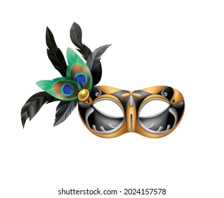 Realistic carvinal mask composition with isolated image of masquerade mask with peacock feathers vector illustration