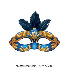 Realistic carvinal mask composition with isolated image of masquerade mask with blue and yellow pattern vector illustration