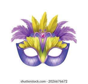Realistic carvinal mask composition with isolated image of masquerade mask with purple and yellow feathers vector illustration