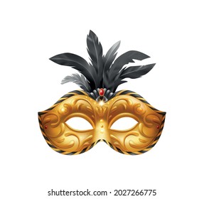 Realistic carvinal mask composition with isolated image of golden masquerade mask with black feathers vector illustration