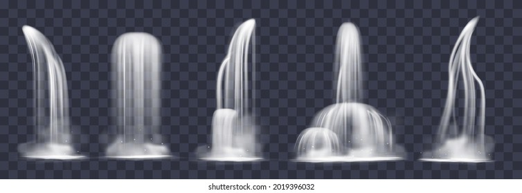 Realistic cascade waterfall. 3d liquid flowing down jets, water drop fog, mountain rivers streams and splashes, different shapes and angles view. Vector cartoon isolated set