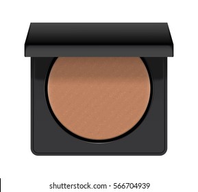 Realistic of case with bronzer. Bronzing shiny powder for makeup in round black plastic case. Cosmetic for glamour bronze make-up and beauty. 3d vector illustration isolated on white background.