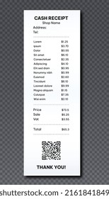Realistic cash receipt. Bill from store, shopping, daily household chores and routine. Calculation of expenses of buyer at checkout in market or shop. Item Discount. Isometric vector illustration