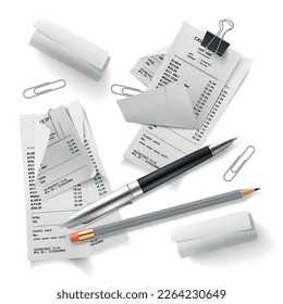 Realistic cash receipt composition with top view of paper bills pile pencil pen and steel clips vector illustration