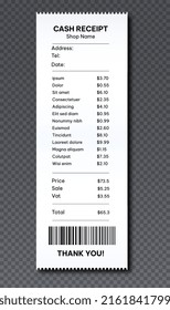 Realistic cash receipt. Evaluation of expenses and daily purchases in store, market, shop or mall. Housework and routine. Financial Literacy and Valuation of Goods. Isometric vector illustration
