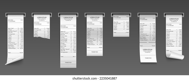 Realistische Bargeldbeschaffung aus Zeitnischen, Thermal-Papierrechnungen, Kaufrechnung, Einzelhandelssumme-Scheck mit Geldgesamtkosten, Kaufzahlung. Kollektion von isolierten, gefüllten Blanken, 3D-Vektorgrafik, Set