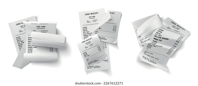 Realistic cash receipt set of isolated compositions with piles of paper bills with list of purchases vector illustration