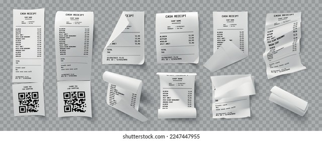 Realistic cash receipt set with transparent background and isolated images of classic monochrome paper payment cheque vector illustration