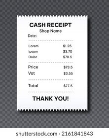 Realistic cash receipt. Small but expensive purchases, short bill. Financial literacy and assessment of expenses from household chores. Routine and daily goals. Isometric vector illustration