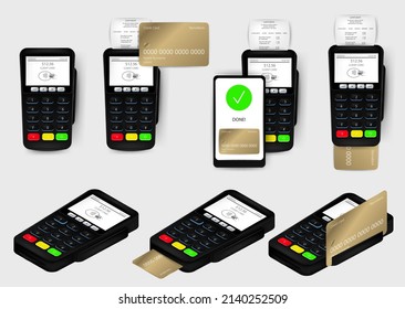 Realistic cashless payment with pos terminal, credit card and phone. Set banking successful with receipt unsuccessful cashless checkout top view isolated. Financial machine