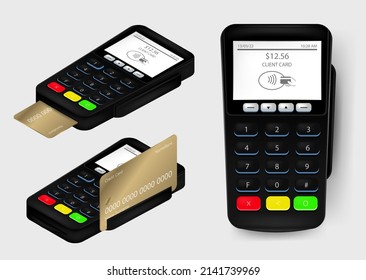 Realistic cashless payment with pos terminal, credit card and phone. Set banking successful with receipt unsuccessful cashless checkout top view isolated. Financial machine