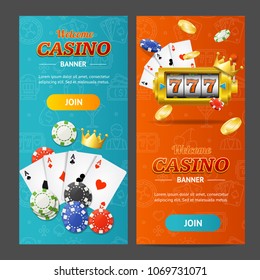 Realistic Casino Banner Vertical Set Include of Golden Crown, Card and Chip. Vector illustration of Gambling Game Banners