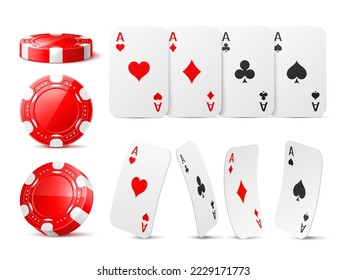 Realistic casino chips and aces. Red game tokens and playing cards, different suits, various viewing angle, poker gambling, aces hearts and spades, clubs and diamonds, utter vector set