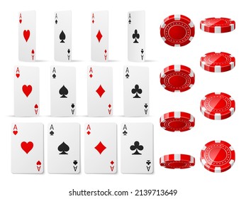 Realistic casino chips and card aces. 3D plastic red game tokens in different view angles and poker cards all stripes. Fortune gaming and betting tools. Vector gambling