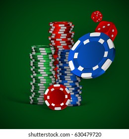 realistic casino chips and dice isolated on green background