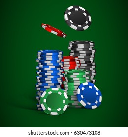 realistic casino chips isolated on green background