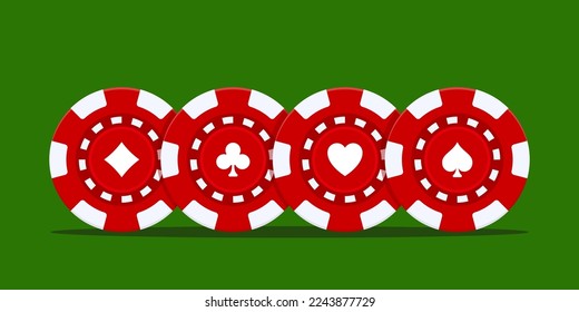 Chiapas de casino realistas sobre fondo verde. Monedas de plástico de juego de póquer de casino rojas realistas. Tokens de chip para la ruleta. Las papas de póquer de Las Vegas vuelcan. Ilustración del vector