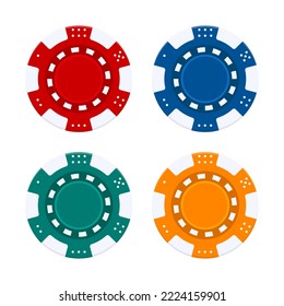 Chiapas de casino realistas. Rojo realista, azul, verde, fichas de juego de póquer de casino amarillo, monedas de plástico de juego. Tokens de chip para la ruleta. Las papas de póquer de Las Vegas vuelcan. Ilustración del vector