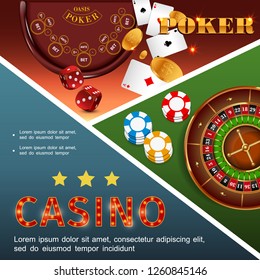 Realistic casino colorful concept with poker table roulette chips dices playing cards gold coins vector illustration