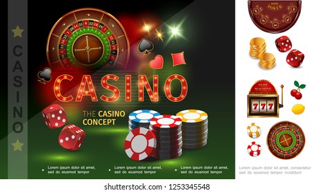 Realistic casino concept with poker chips dices playing card suits roulette gold coins slot machine cherry lemon vector illustration