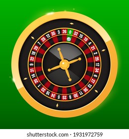 Realistic casino gambling roulette wheel on green background. Vector play chance luck roulette wheel illustration.