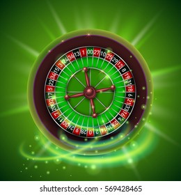 Realistic casino gambling roulette wheel, isolated on green background. Vector illustration