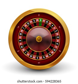 Realistic casino gambling roulette wheel isolated on white background. Vector play chance luck roulette wheel illustration.
