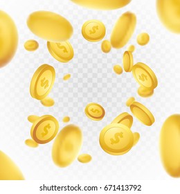 Realistic Casino golden coins explosion background. Isolated fortune rain on transparent layout. Jackpot lottery glory concept. Vector illustration