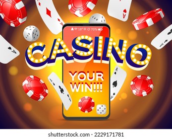 Realistic casino poster. Online gambling composition, mobile gaming application, flying cards, dice, red chips, smartphone screen, fortune game tokens, 3d utter vector concept