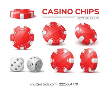 Realistic casino red chips. Gambling accessories collection, different viewing angles, poker and roulette betting, white dice with black dots, fortune game tokens, 3d element utter vector set