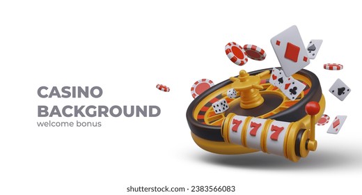 Realistic casino roulette, dice, chips, cards, slot machine. Concept of gambling for money. Isolated composition on white background. Win, luck, victory