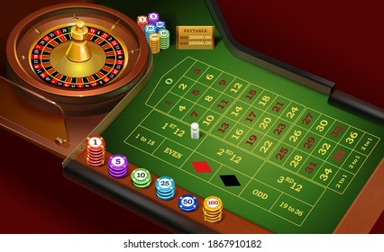 Realistic casino roulette on a green table, wheel and black, red, blue, blue chips. Template for an online game. Vector illustration
