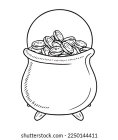 Realistic cast iron cauldron full of coins money pot with leprechaun savings in black isolated on white background. Hand drawn vector sketch illustration in doodle engraved vintage outline style