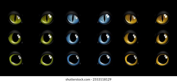 Conjunto de ojos de gato realista. Ojos de gatito azul, amarillo y verde. Pack de ojos oscuros espeluznantes para Halloween. Horror y miedo, misterio. colección de Vector 3D aislada sobre fondo negro