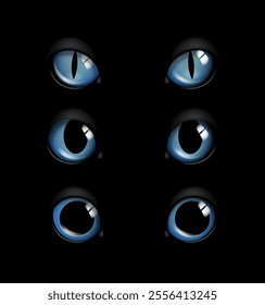 Realistic cat eyes set. Blue eyeballs. Creepy pet and domestic animal. International holiday of fear and horror. Wildlife and fauna. 3D vector collection isolated on black background