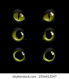 Realistic cat eyes set. Creepy pet and domestic animal. International holiday of fear and horror. Symbol of Halloween. Green eyeballs. 3D vector collection isolated on black background