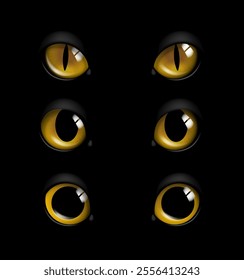 Realistic cat eyes set. Yellow eyeballs. Creepy pet and domestic animal. Halloween, holiday of fear and horror. Wildlife and fauna. 3D vector collection isolated on black background