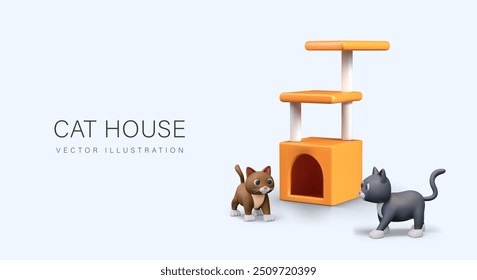 Realistic cat house, cute kittens. Special equipment for pets