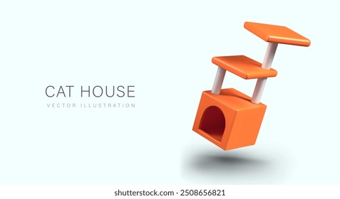 Realistic cat house in inclined position. Cute vector model with several beds