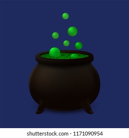 Realistic cauldron with boiling green slime and flying bubbles. Vector illustration