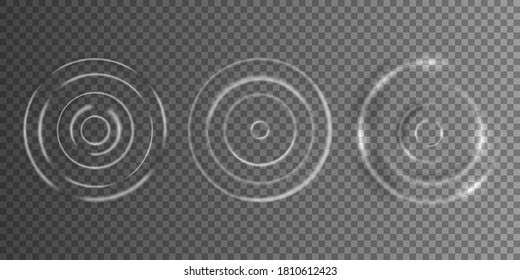 Realistic caustic drop or sound wave splash effects, concentric circles in puddle.White sound impact effect top view. 