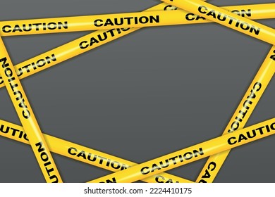 Cinta de peligro de precaución realista. Cruzando la cinta de peligro con señales de precaución para la zona de construcción o la escena del crimen en amarillo. La policía hace fila y no cruza las cintas. Cinta para accidentes, en construcción