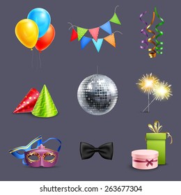 Realistic celebration icons set with balloons party ball and holiday gift boxes isolated vector illustration